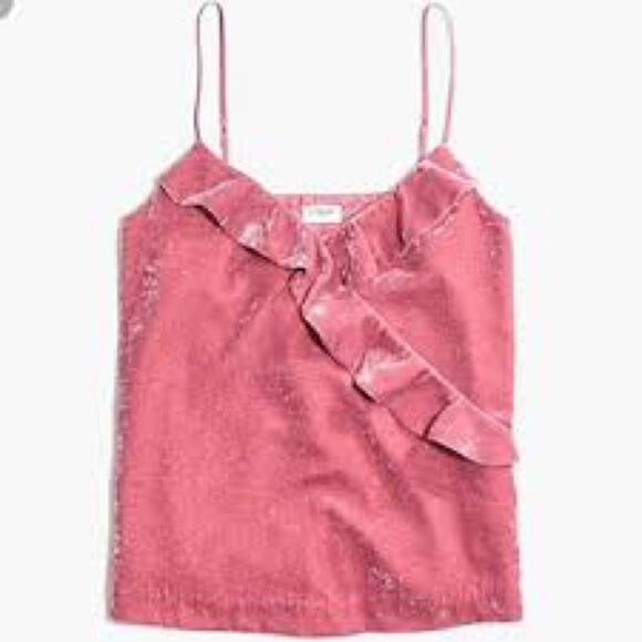 NWT J. Crew Pink Crushed Velvet Ruffle Tank Top - Picture 1 of 6